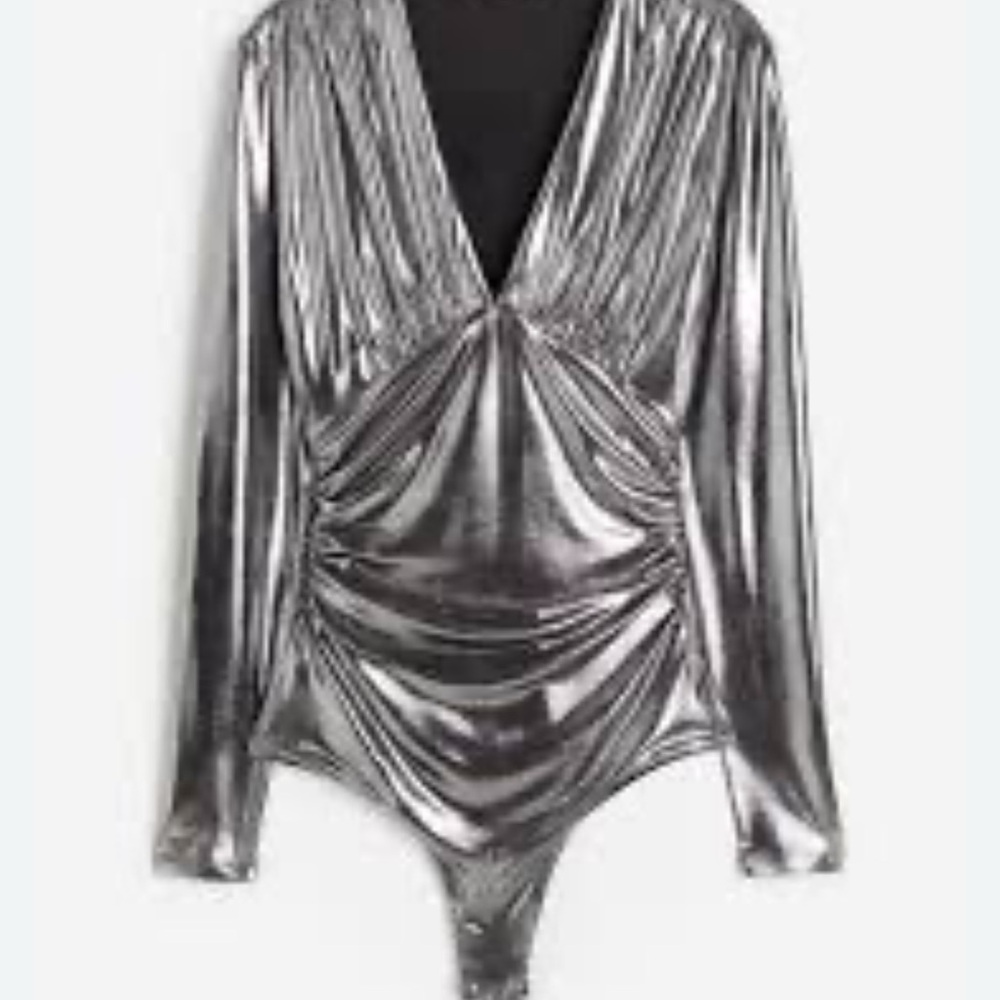 H&M Metallic Silver V-Neck Bodysuit